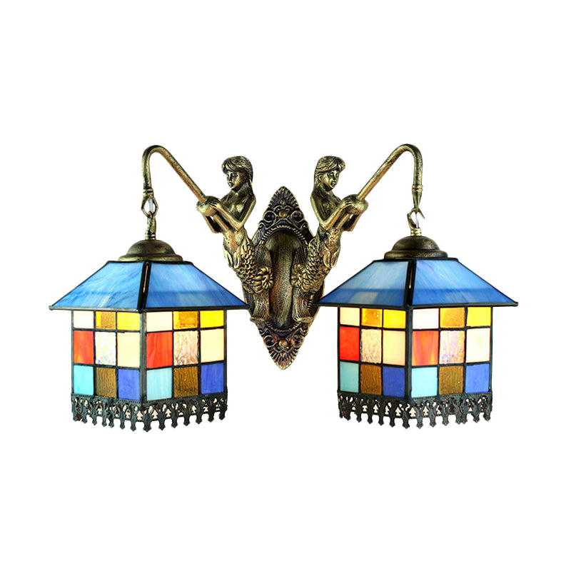 BowLift | House Wall Light-Tiffany Multicolor Stained Glass 2 Heads Clear/Blue Wall Lamp