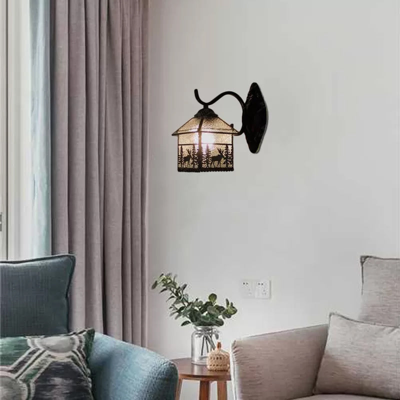 BowLift | Lodge Stained Glass Wall Lighting with Curved Arm Single Light Mini Wall Mount Light