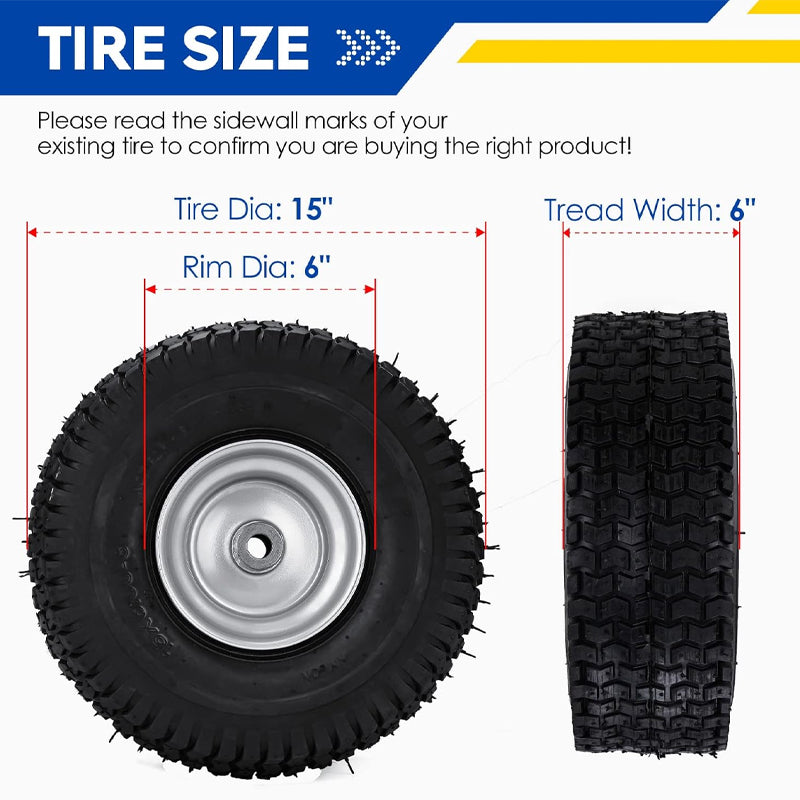 BowLift | 15x6-6" Lawn Mower Tires 2pcs Turf Tires 3" Centered Hub 3/4" Bushing for Riding Mowers