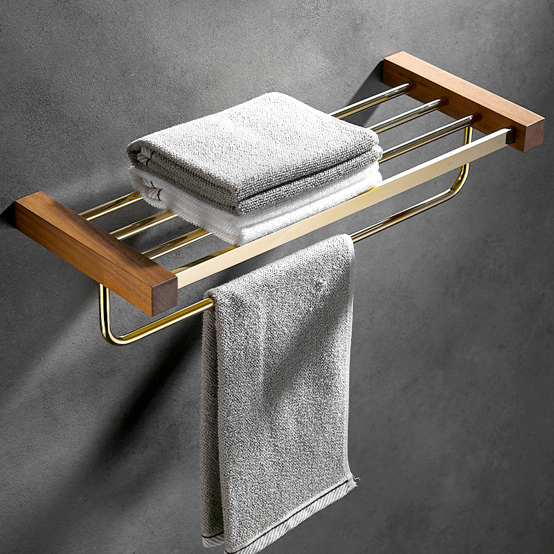 BowLift | Polished Brass Bathroom Hardware Set Metal & Wood Bathroom Set with Bath Shelf/Towel Bar