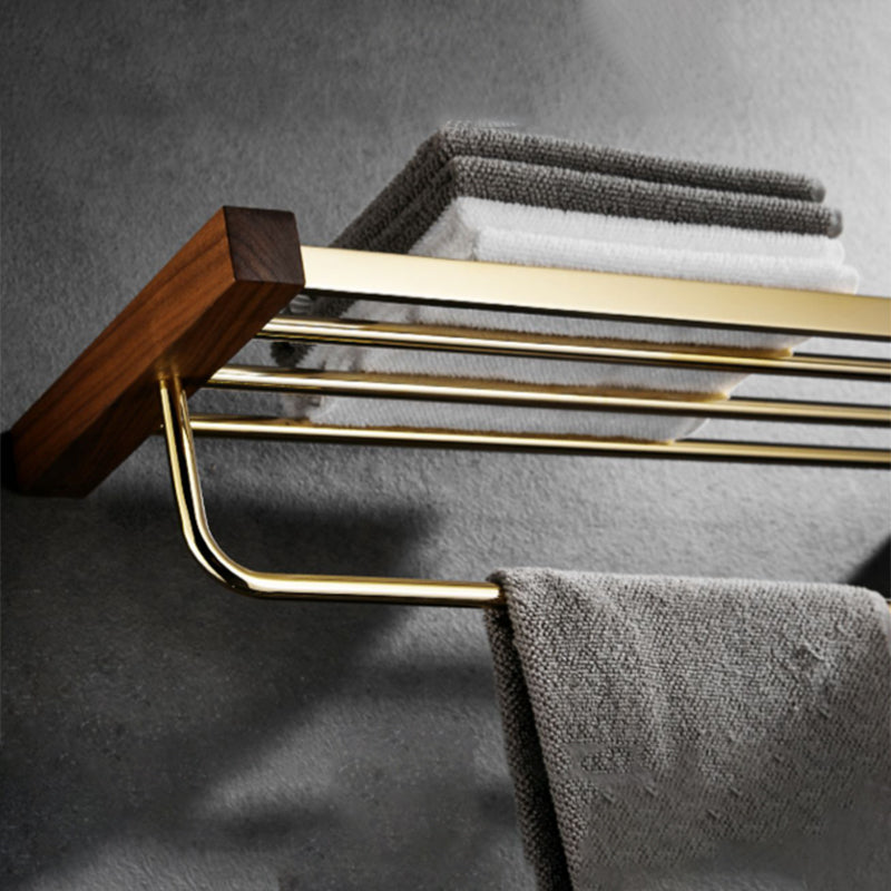 BowLift | Polished Brass Bathroom Hardware Set Metal & Wood Bathroom Set with Bath Shelf/Towel Bar