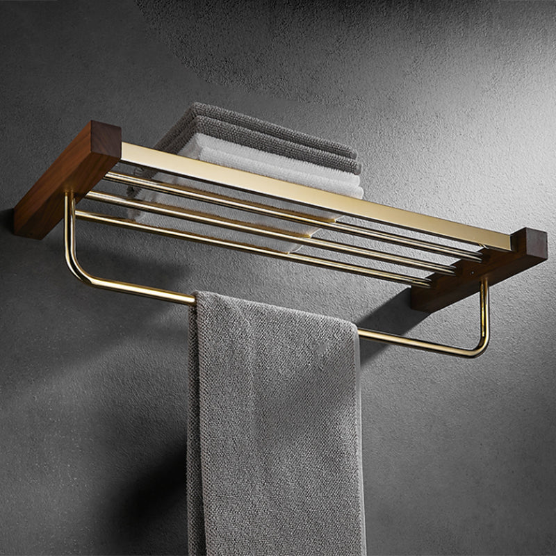 BowLift | Polished Brass Bathroom Hardware Set Metal & Wood Bathroom Set with Bath Shelf/Towel Bar