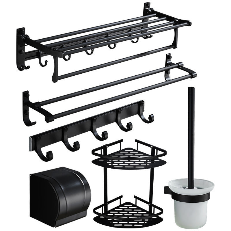 BowLift | 6-piece modern bathroom hardware set in matte black with bathroom shelf/towel holder & bathrobe hooks