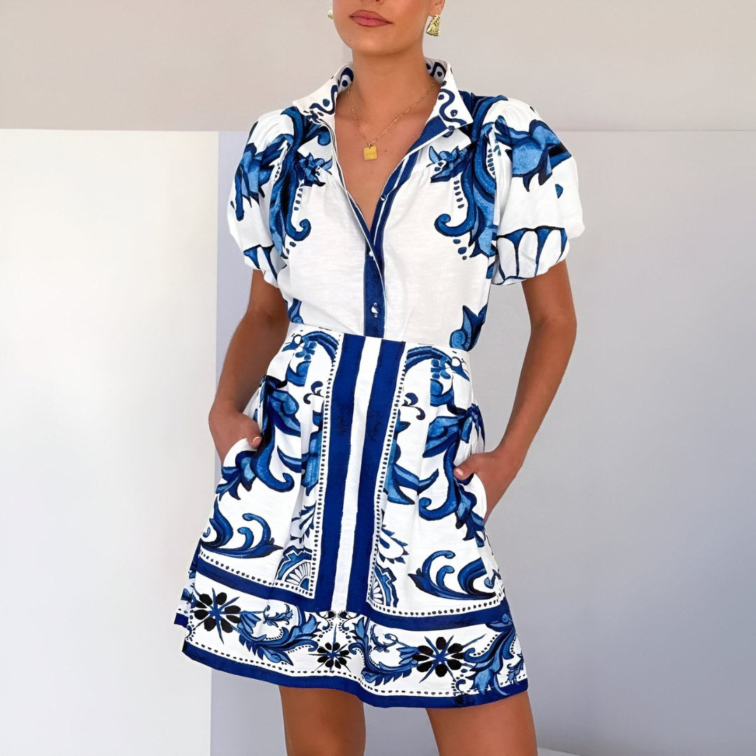 A-Line Puff Sleeve Dress with Button Detail and Pockets