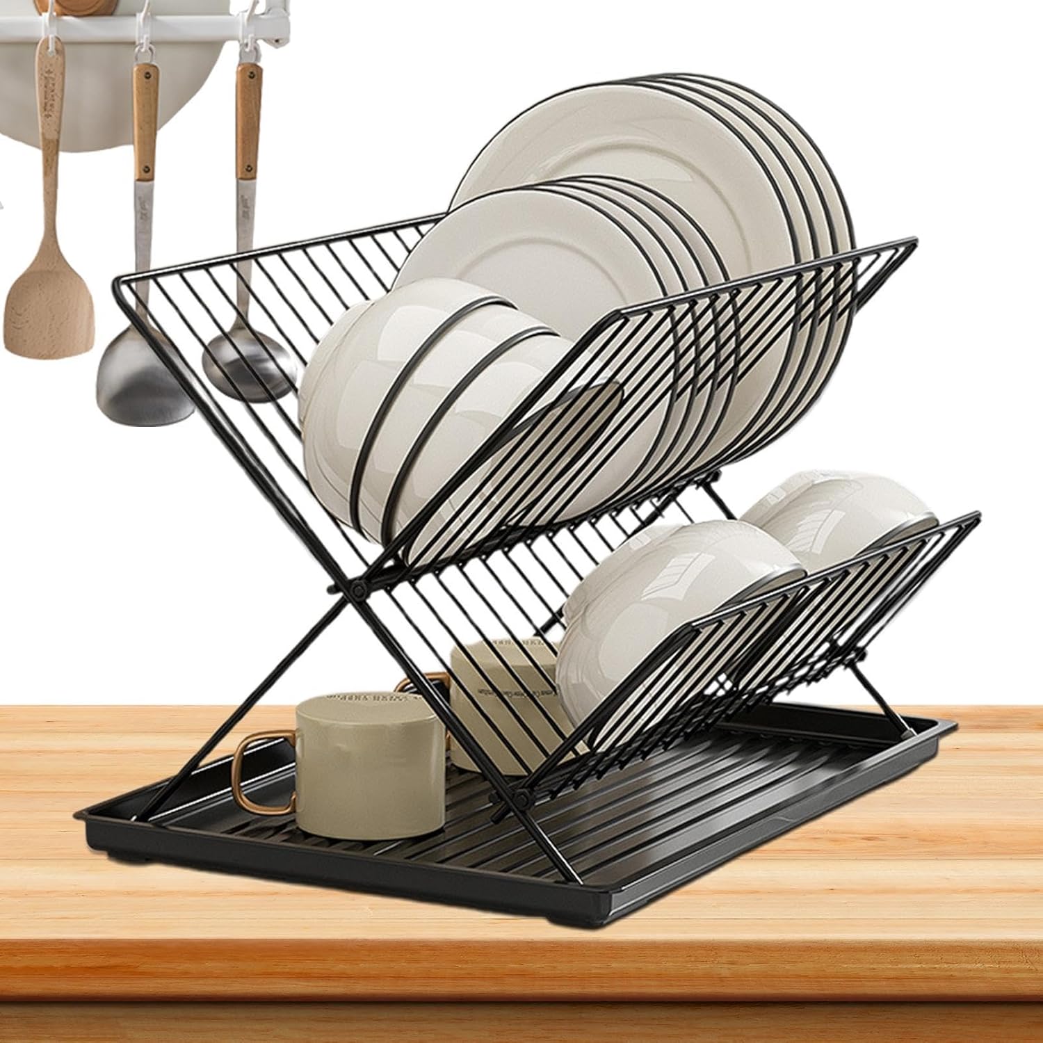 BowLift | Folding Dish Drying Rack – 2-Tier Countertop Drainer with Detachable Tray – Kelvra