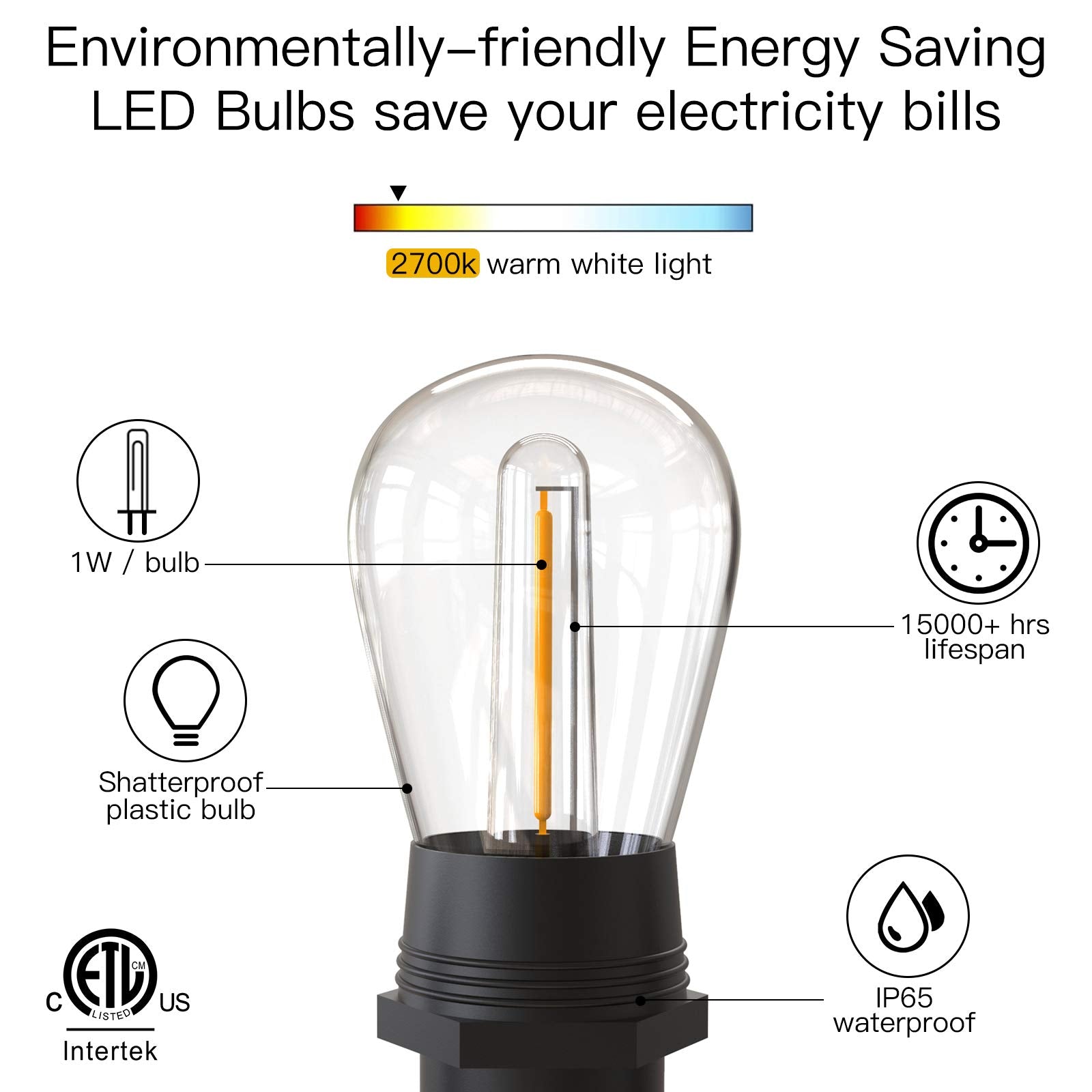 BowLift | Festoon Lights Outdoor, 53FT/16M S14 Outdoor Garden LED String Lights, IP65 Waterproof Outdoor String Lights Main Power 2700K 15+1(Replacement) Bulbs for Outdoor Patio Terrace Yard Wedding Party