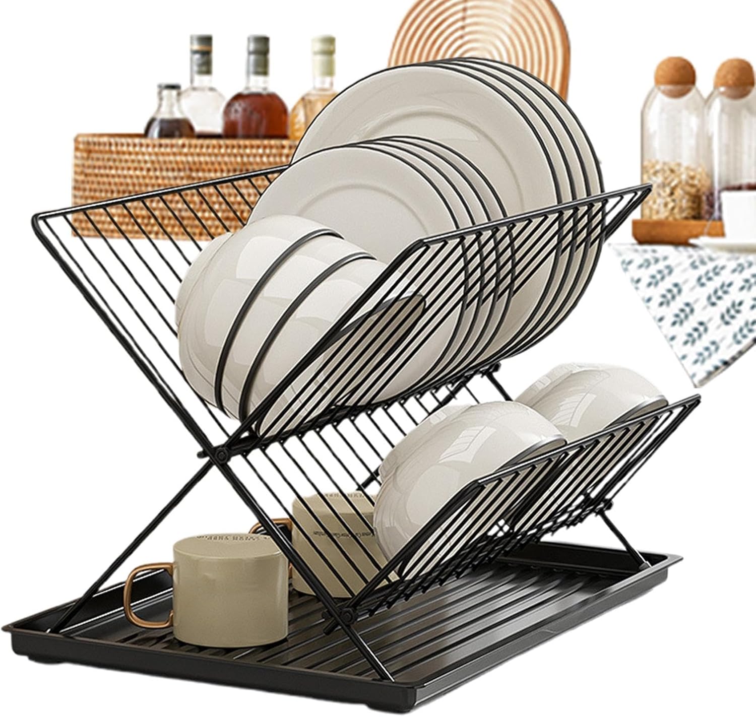 BowLift | Folding Dish Drying Rack – 2-Tier Countertop Drainer with Detachable Tray – Kelvra