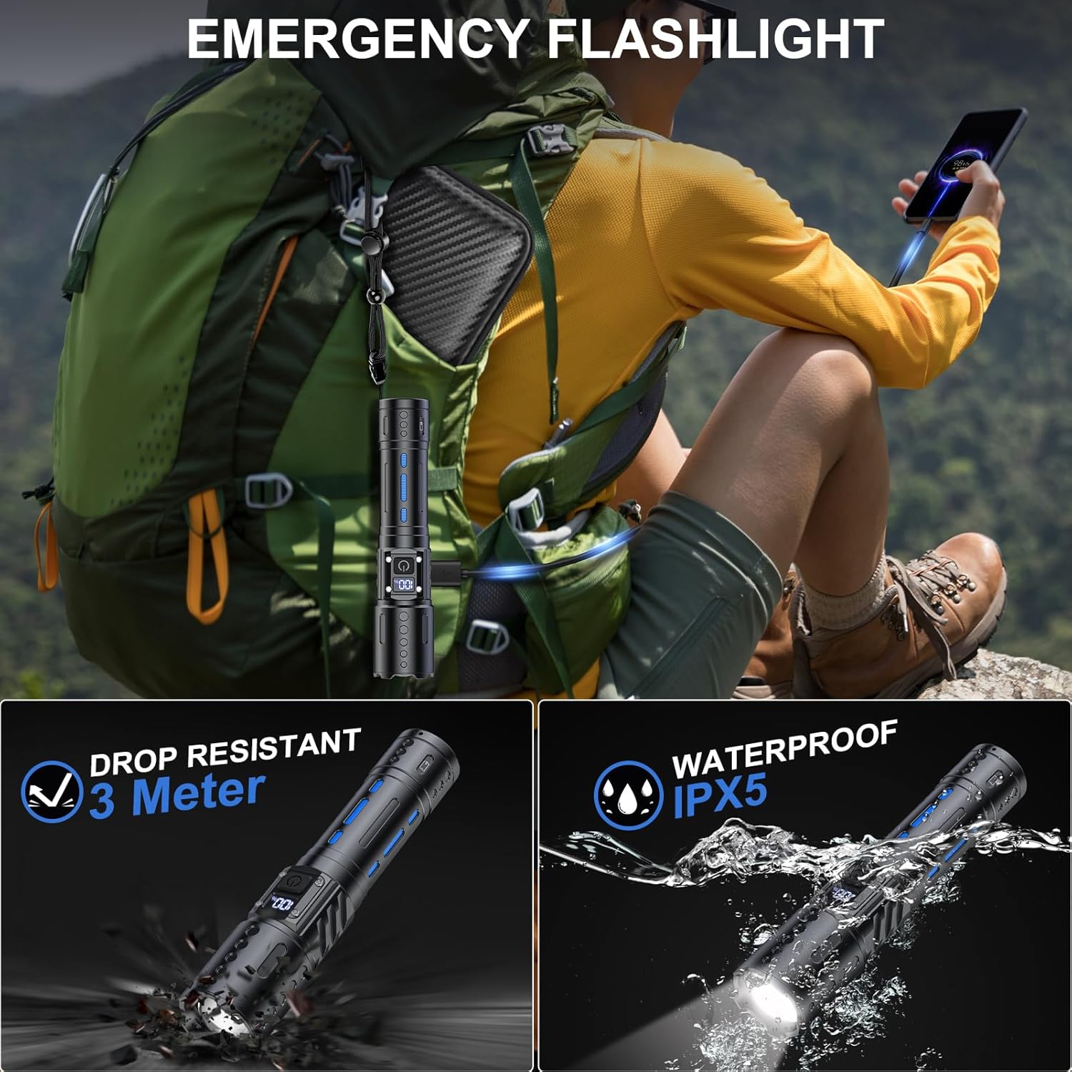 BowLift | 100,000 Lumen Rechargeable LED Flashlight | Waterproof, Impact-Resistant & Ideal for Hiking, Emergencies & Power Outages