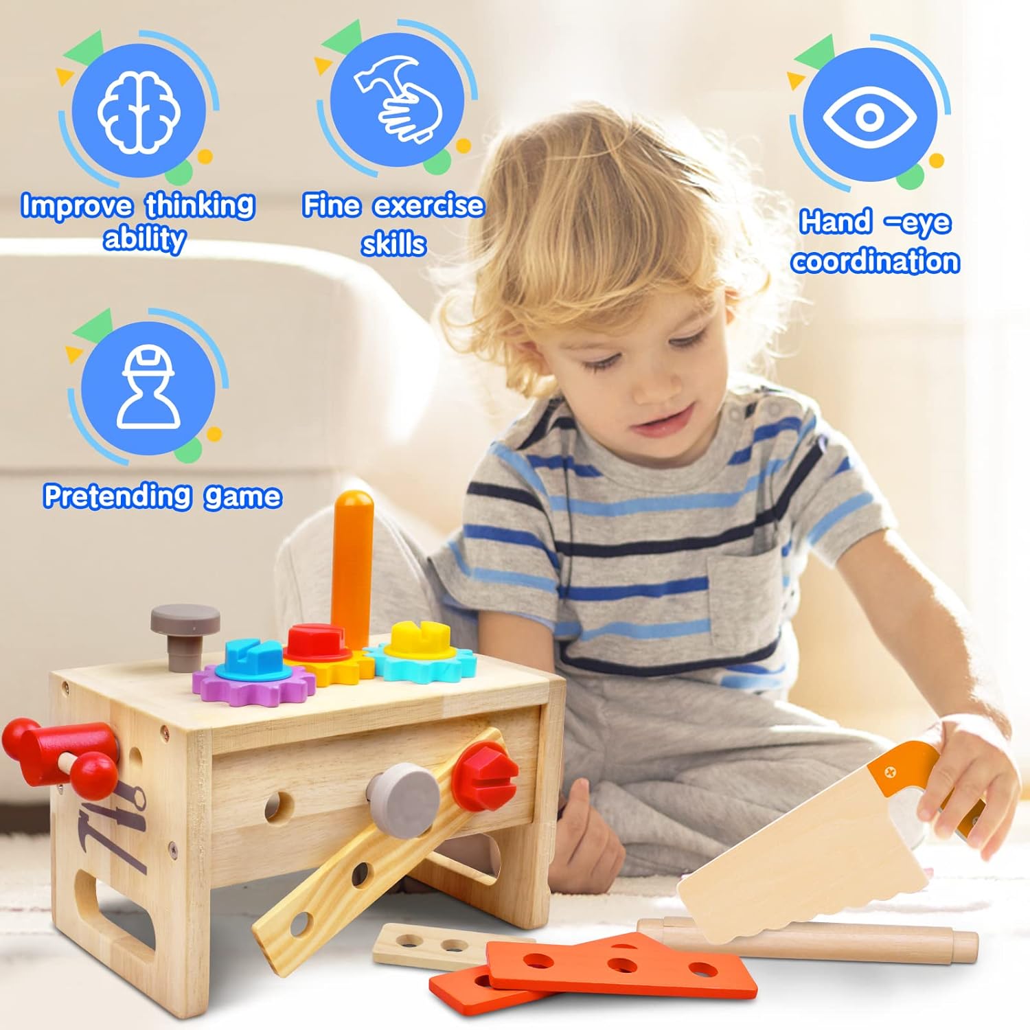 BowLift | 29-Piece Wooden Tool Box Set | Montessori STEM Educational Construction Toy for Kids Aged 2 to 6