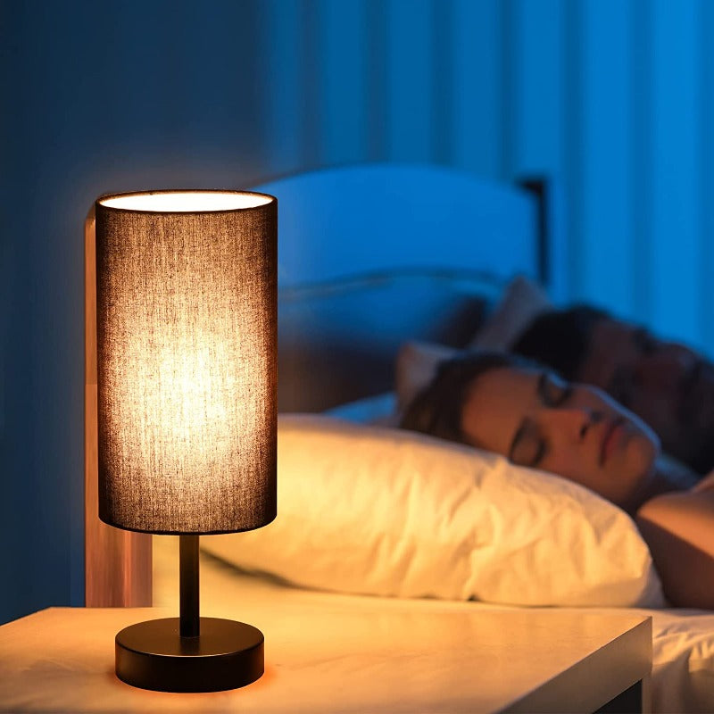 BowLift | Lamp with USB connection Touch-Control Table Lamp for Bedroom Wood 3-stage dimmable Bedside Lamp with Round Linen Fabric Shade for Living Room, Student Dorm, Home Office