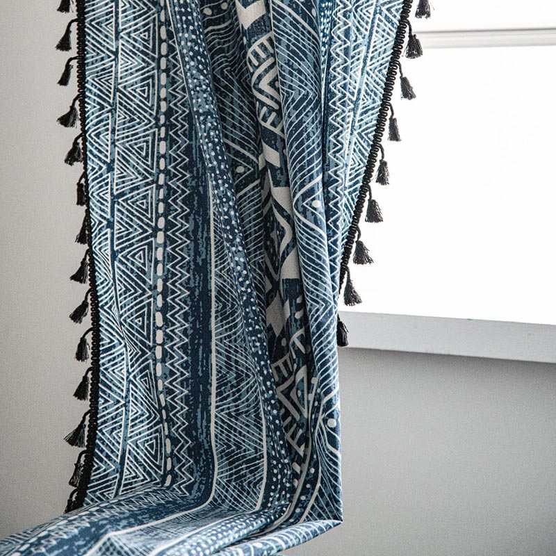 BowLift | Blue geometric pattern light-filtering curtain