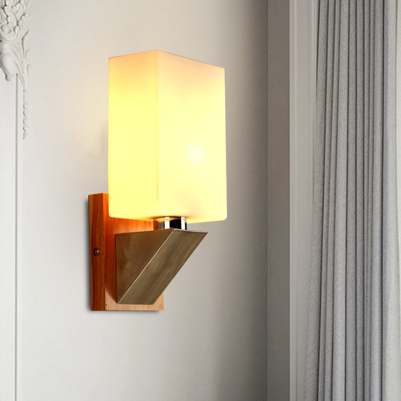 BowLift | Cube Wall Light Modern White Frosted Glass 1 Head Wood Wall Lamp with Triangle Metal Base