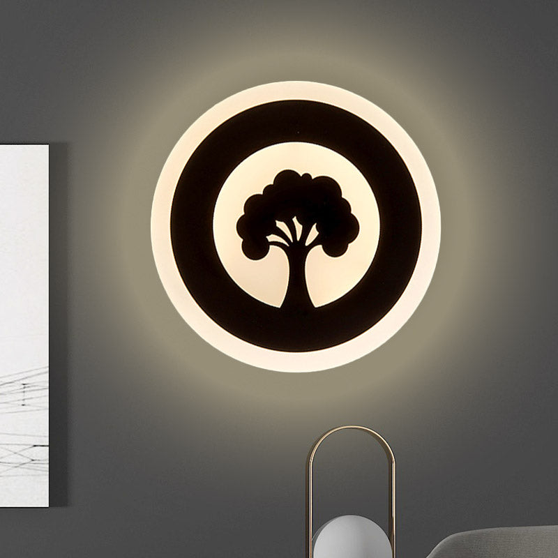 BowLift | Acrylic Round Wall Lighting Modernism LED Flush Wall Lamp in Black with Tree Pattern, White/Warm Light
