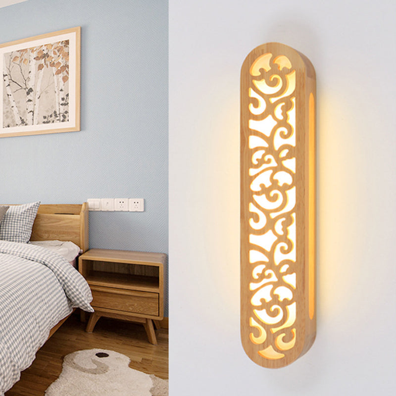 BowLift | Chinese Style LED Flush Wall Light Beige Rectangular Wall Light Lamp with Carved Wooden Shade