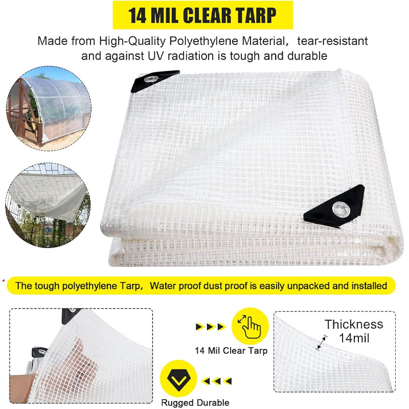 BowLift | 14 Mil Poly Tarp 12x16 ft Clear Greenhouse Tarp UV Resistant Waterproof Poly Tarp with Grommets