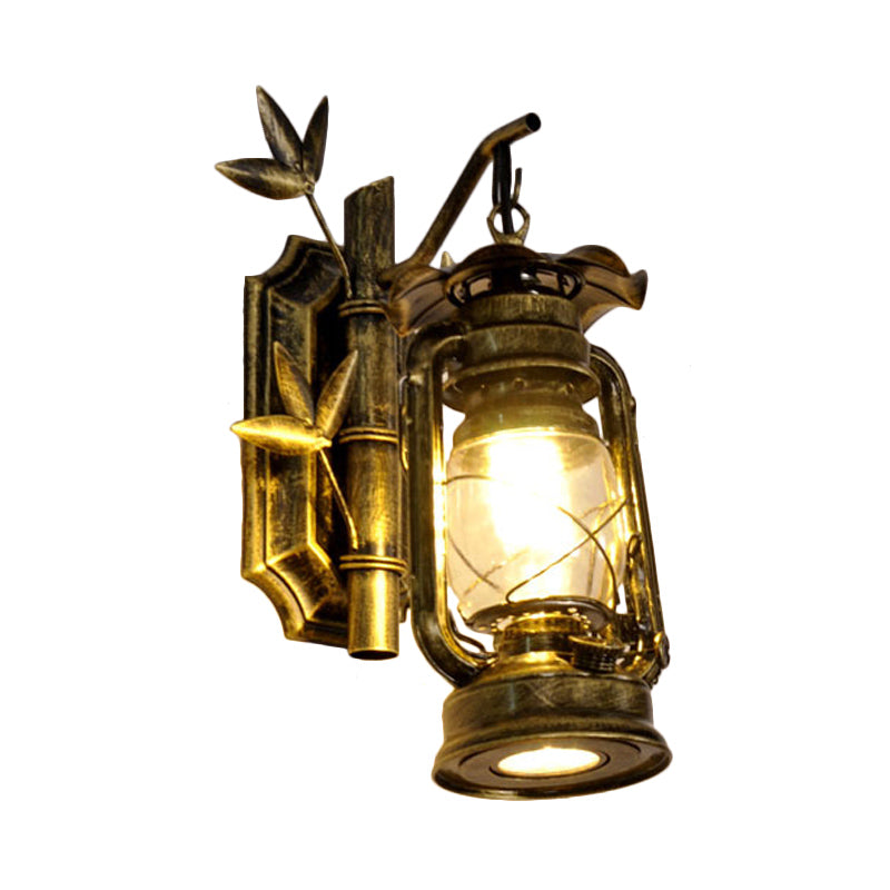 BowLift | Industrial Lantern Wall Lamp 1 Head Clear Glass Wall Plate Lighting Fixture in Bronze/Copper with Metal Bamboo Back Plate