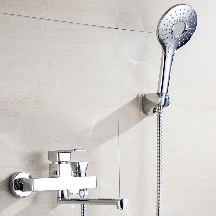 BowLift | Chrome polished bathroom faucet wall-mounted with swivel spout and hand shower