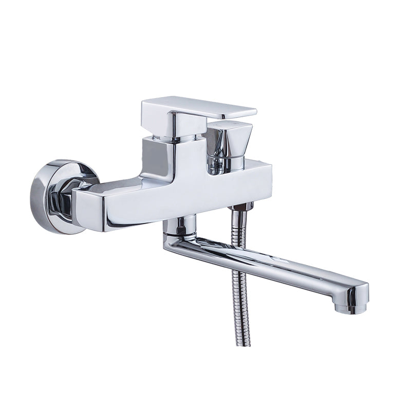 BowLift | Chrome polished bathroom faucet wall-mounted with swivel spout and hand shower
