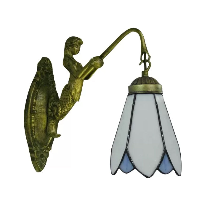 BowLift | 1 Headcone Wall Light Tiffany White/Blue Glass Wall Light with Mermaid Backplate