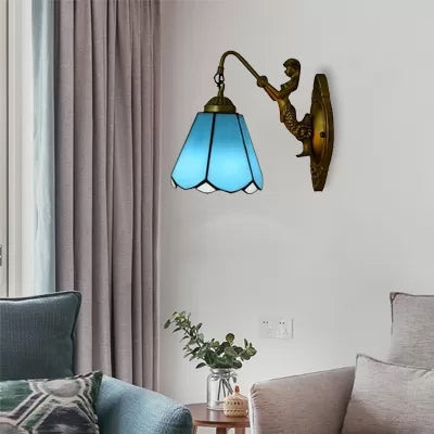 BowLift | 1 Headcone Wall Light Tiffany White/Blue Glass Wall Light with Mermaid Backplate