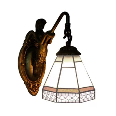 BowLift | Cone Wall Lamp Fixture 1 Head Blue/Green/Amber Glass Tiffany Wall Lamp with Mermaid Backplate