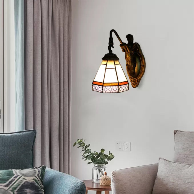 BowLift | Cone Wall Lamp Fixture 1 Head Blue/Green/Amber Glass Tiffany Wall Lamp with Mermaid Backplate