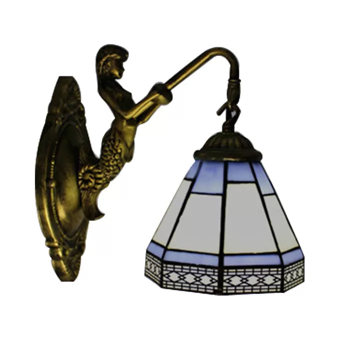 BowLift | Cone Wall Lamp Fixture 1 Head Blue/Green/Amber Glass Tiffany Wall Lamp with Mermaid Backplate