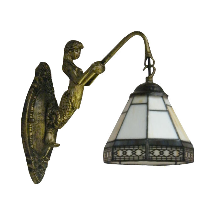 BowLift | Cone Wall Lamp Fixture 1 Head Blue/Green/Amber Glass Tiffany Wall Lamp with Mermaid Backplate