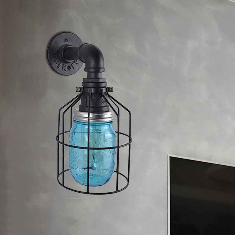 BowLift | Blue/Clear Glass Shade Wall Lamp with Wire Cage Industrial Style Glass 1 Bulb Restaurant Wall Light