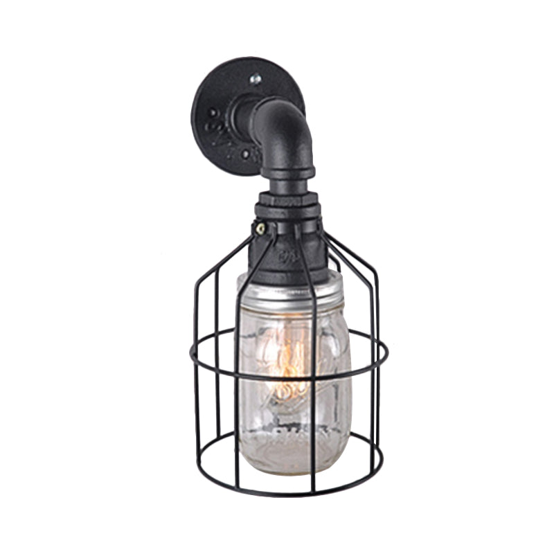 BowLift | Blue/Clear Glass Shade Wall Lamp with Wire Cage Industrial Style Glass 1 Bulb Restaurant Wall Light