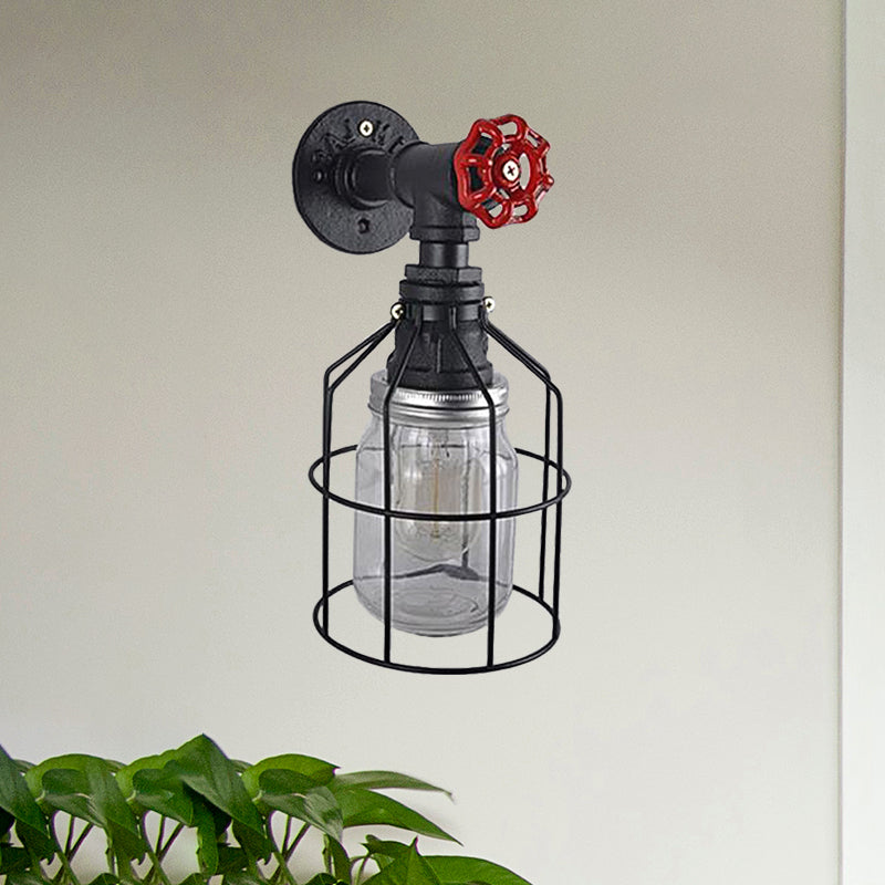 BowLift | Vintage Caged Wall Lamp with Inner Pot Shade and Red Flap 1 Light Glass Wall Lighting in Blue/Transparent