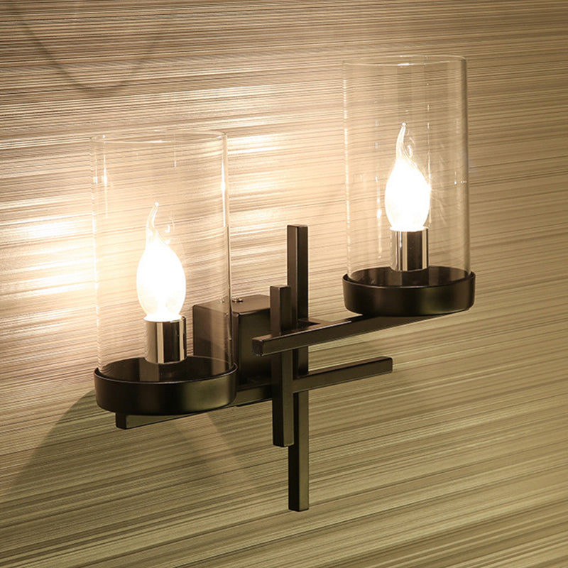 BowLift | Black 2-Light Wall Lamp Vintage Clear Glass Cylinder Lighting Fixture for Hallway