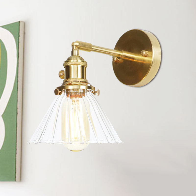 BowLift | Cone-Shaped Wall Lamp with Clear Rippled Glass Single Light Vintage Wall Lighting