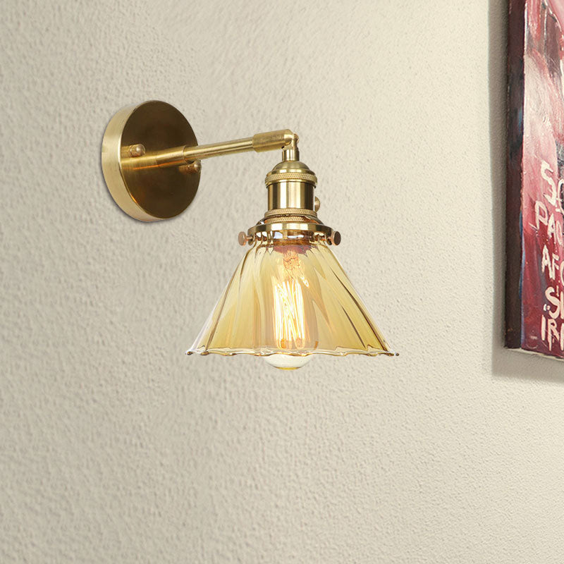 BowLift | Industrial Vintage Cone Wall Lamp Amber Ruffle Glass Adjustable 1 Light Wall Sconce