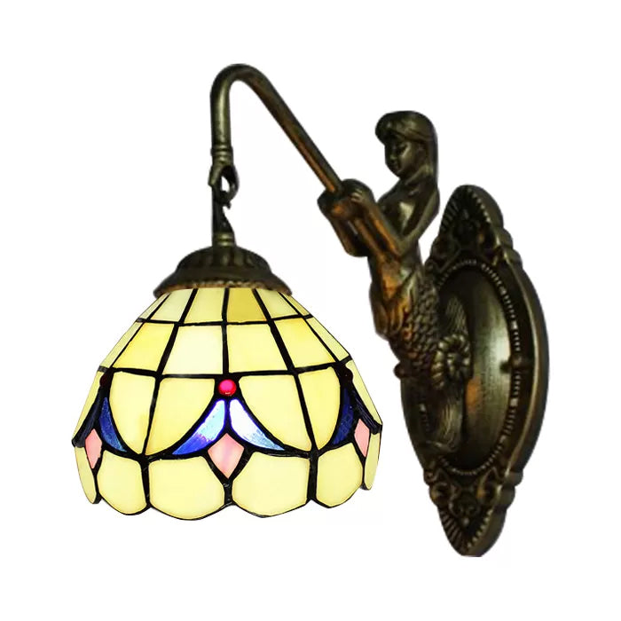 BowLift | 1 Head Dome Wall Light Baroque White/Beige Glass Wall Mount Lighting with Mermaid Backplate, 6"/8" Width