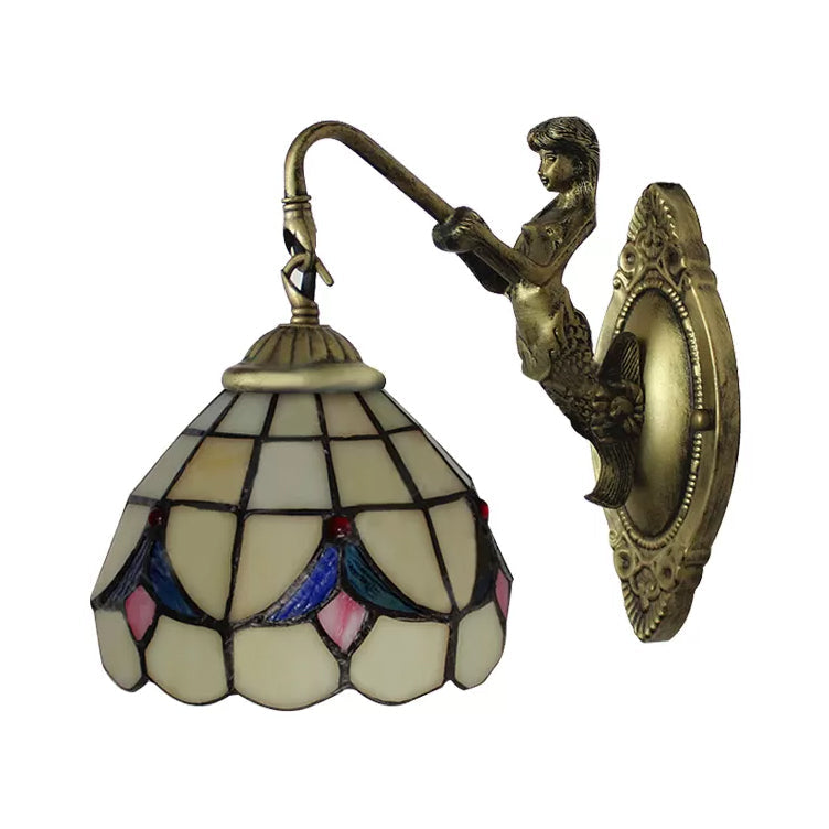 BowLift | 1 Head Dome Wall Light Baroque White/Beige Glass Wall Mount Lighting with Mermaid Backplate, 6"/8" Width