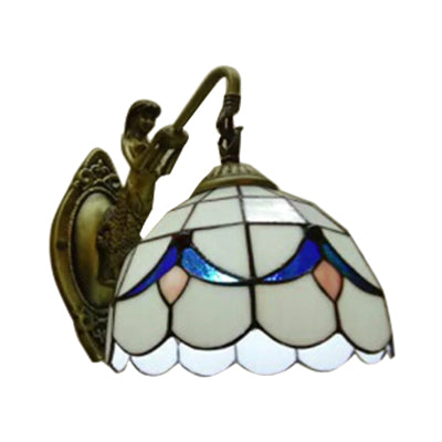 BowLift | 1 Head Dome Wall Light Baroque White/Beige Glass Wall Mount Lighting with Mermaid Backplate, 6"/8" Width