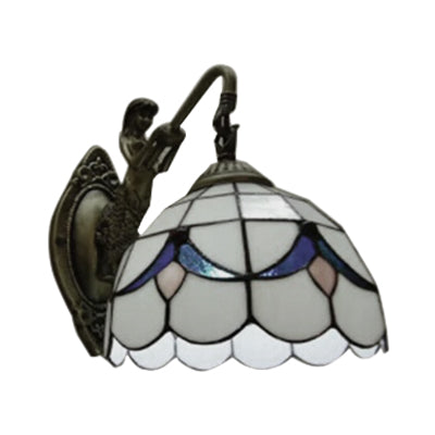 BowLift | 1 Head Dome Wall Light Baroque White/Beige Glass Wall Mount Lighting with Mermaid Backplate, 6"/8" Width
