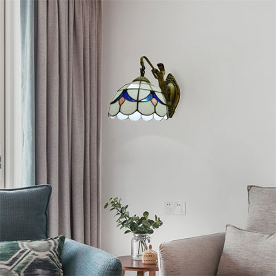 BowLift | 1 Head Dome Wall Light Baroque White/Beige Glass Wall Mount Lighting with Mermaid Backplate, 6"/8" Width
