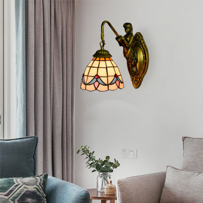BowLift | 1 Head Dome Wall Light Baroque White/Beige Glass Wall Mount Lighting with Mermaid Backplate, 6"/8" Width