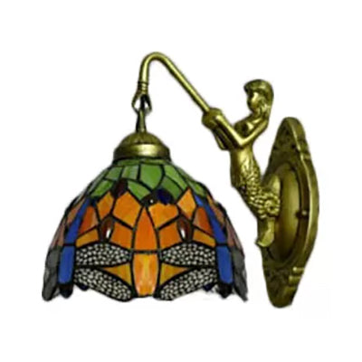 BowLift | Dome Wall Lamp Fixture Baroque Spotted Glass 1 Head Bronze Wall Lamp with Flower/Dragonfly/Morning Glory Pattern