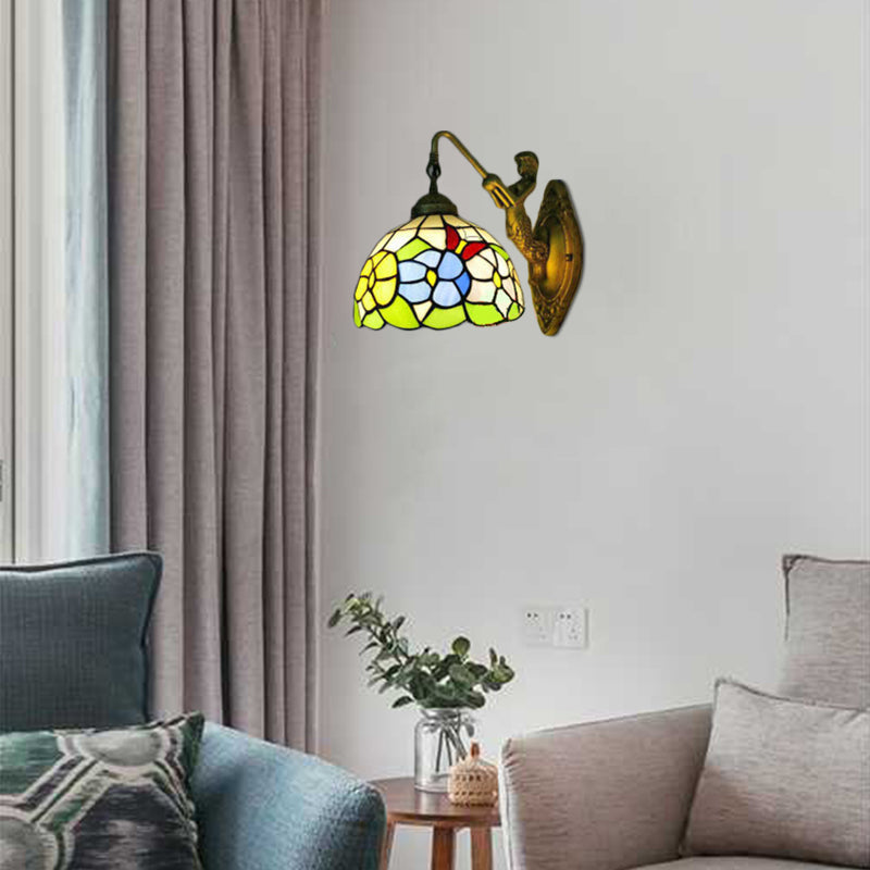 BowLift | Dome Wall Lamp Fixture Baroque Spotted Glass 1 Head Bronze Wall Lamp with Flower/Dragonfly/Morning Glory Pattern