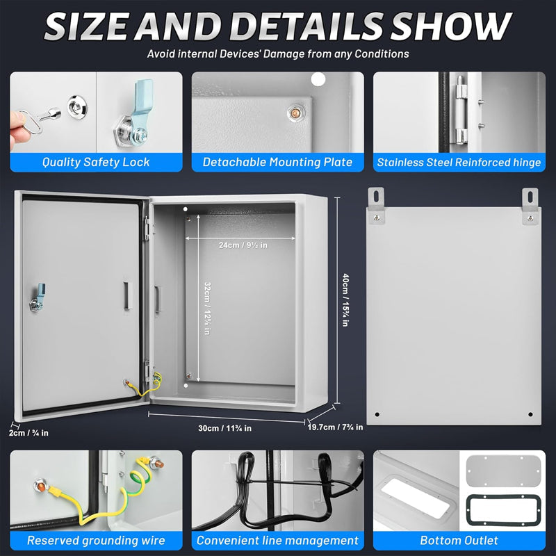 BowLift | 16 x 12 x 8" Steel Electrical Enclosure Outdoor/Indoor Junction Box IP66 Waterproof Enclosure