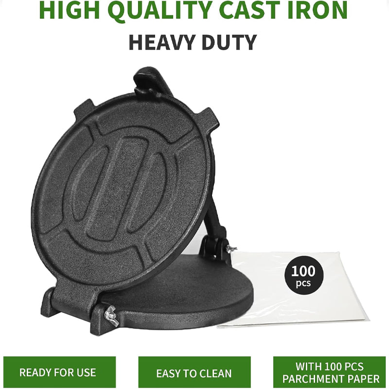 BowLift | 8 Inch Cast Iron Tortilla Press with 100 pcs Parchment Paper Pataconera Press Tortilla Maker