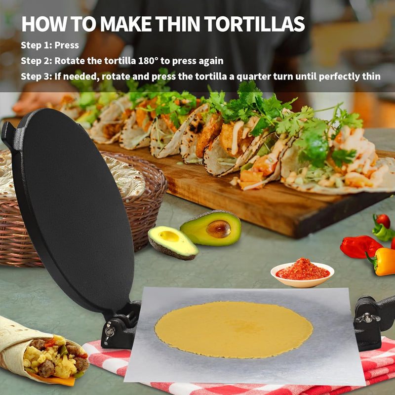 BowLift | 8 Inch Cast Iron Tortilla Press with 100 pcs Parchment Paper Pataconera Press Tortilla Maker