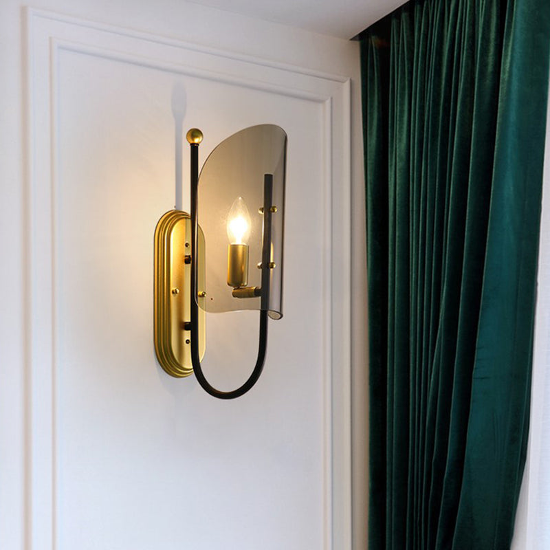 BowLift | 1-Light Hall Wall Lamp Mid Century Black-Brass Wall Sconce with Curved Smoky Grey Glass Shade