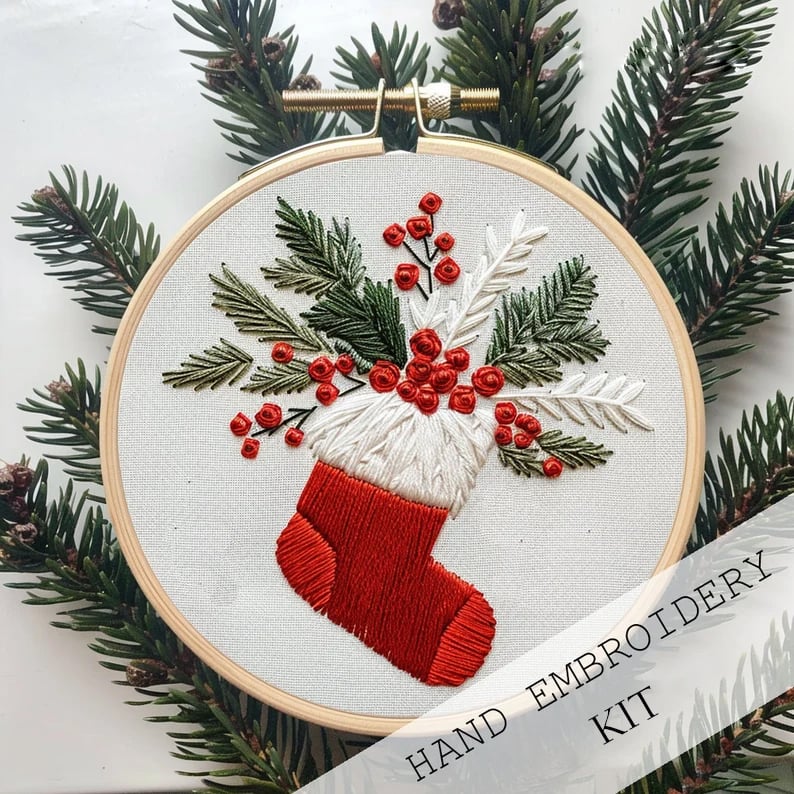 BowLift | Christmas Embroidery Kit | Winter Snowy Village Pattern | Beginner Craft Set with Hoop & Threads