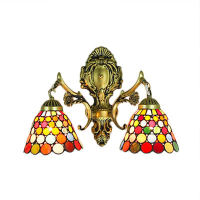 BowLift | 2 Heads Wall Mounted Lamp Tiffany Dome/Cone Multicolored Glass Wall Light made of Brass with Gemstone/Rhombus/Circle Pattern