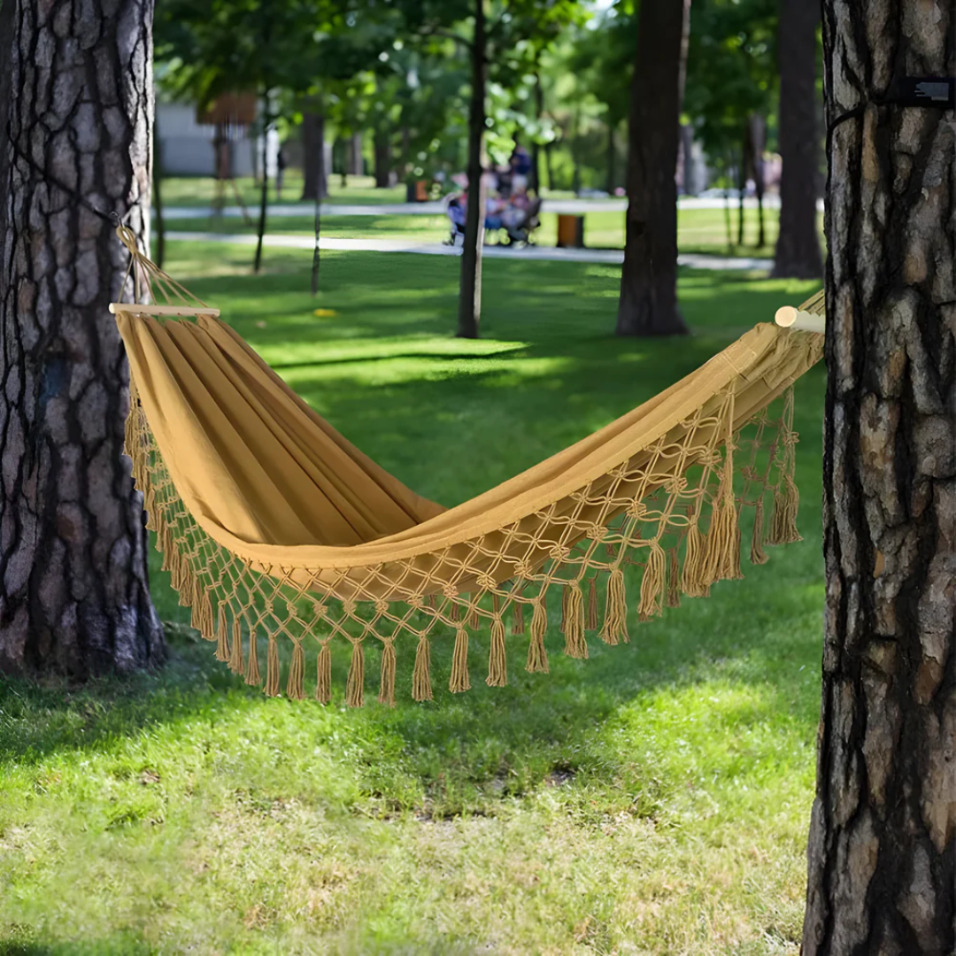 BowLift | Boho Cotton Hammock with Wooden Bars for Indoor Outdoor Use