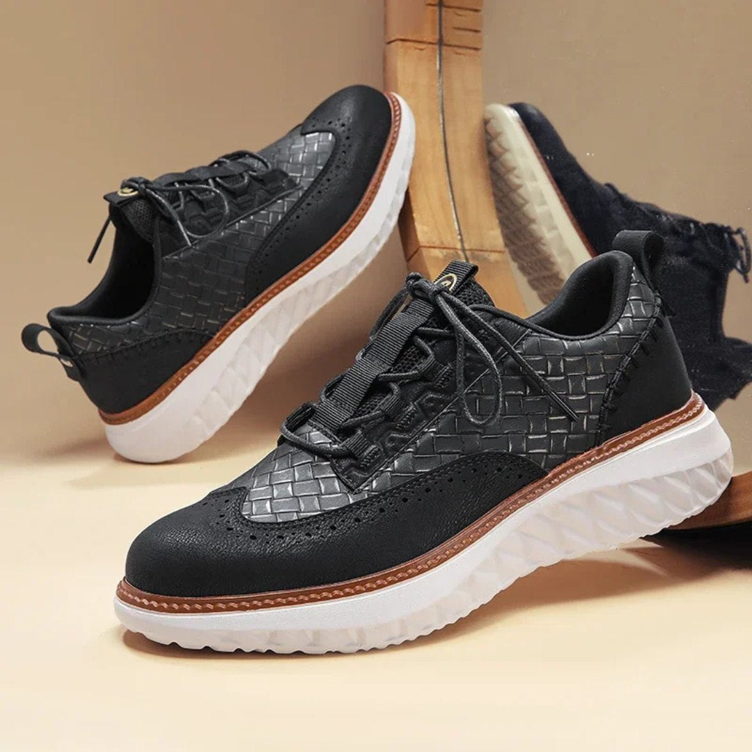 Woven Leather Sneakers with Brogue Detailing and Contrast Sole